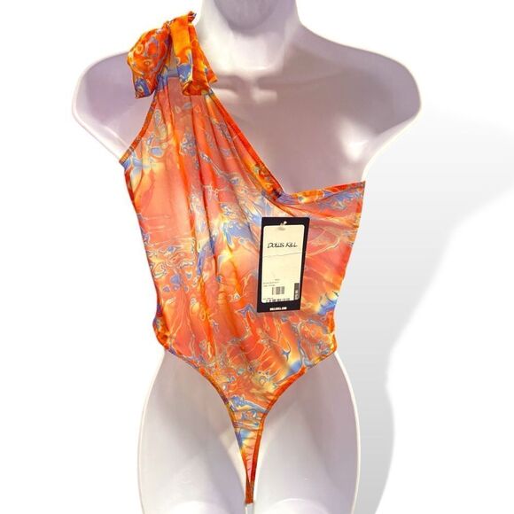 Dolls Kill X Rxch Orange Splash Mesh Thong Hyperpigmented One Shoulder Bodysuit - Picture 3 of 5